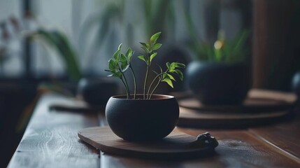 Minimalist wooden table with small black planters in sunlight