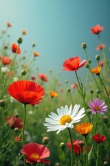 Naklejka premium Daisies and poppies blooming amidst tall cornflowers, wildflowers, daisies