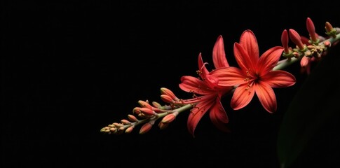 Obraz premium Dark branch of Crocosmia Lucifer flowers against black background, plant, foliage, flowers arrangement