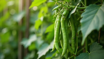 Fresh green beans hanging from a vine, vibrant green leaves in the background, a bountiful harvest.