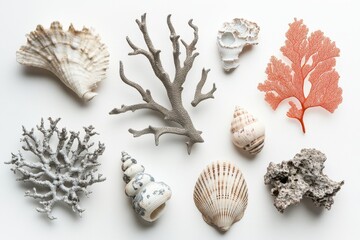 Obraz premium A beautiful assortment of seashells and coral, showcasing nature's intricate marine designs and textures in various shapes and colors.
