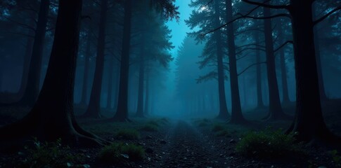 Obraz premium Dark forest landscape with tilted trees and bones, scary, forest, night
