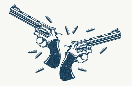 Detailed revolvers shotguns and bullets vector illustration in a classic graphic design style, two beautiful gun drawing.