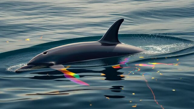 A dolphin swims through an oil spill, its smooth skin stained with dark patches. The polluted water threatens its life, a stark reminder of human impact on nature.