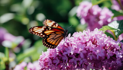 Naklejka premium A close-up of a monarch butterfly perched on vibrant lilac flowers, surrounded by spring blossoms.