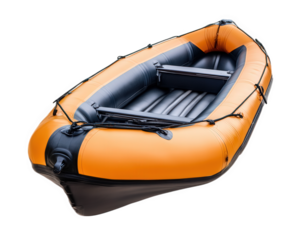 small inflatable dinghy with lightweight design, featuring bright orange exterior and gray interior. Ideal for recreational activities on water