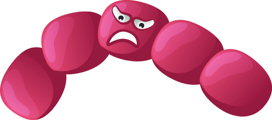 Angry cartoon bacteria showing teeth is arching its segmented body, creating a dynamic and expressive representation of a microscopic organism