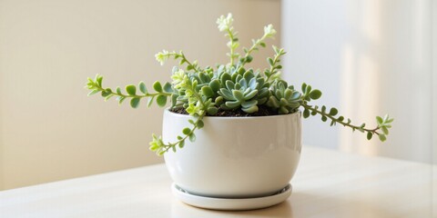 Serene Succulent: A lush, green succulent thrives in its elegant white pot, radiating tranquility and freshness.  Perfect for minimalist decor.