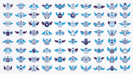 Vintage heraldic emblems vector big set, antique heraldry symbolic badges and awards collection, classic style design elements, family emblems.