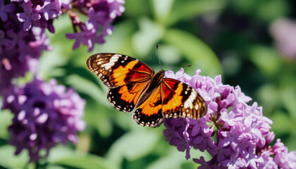 Naklejka premium A close-up of a monarch butterfly perched on vibrant lilac flowers, surrounded by spring blossoms.