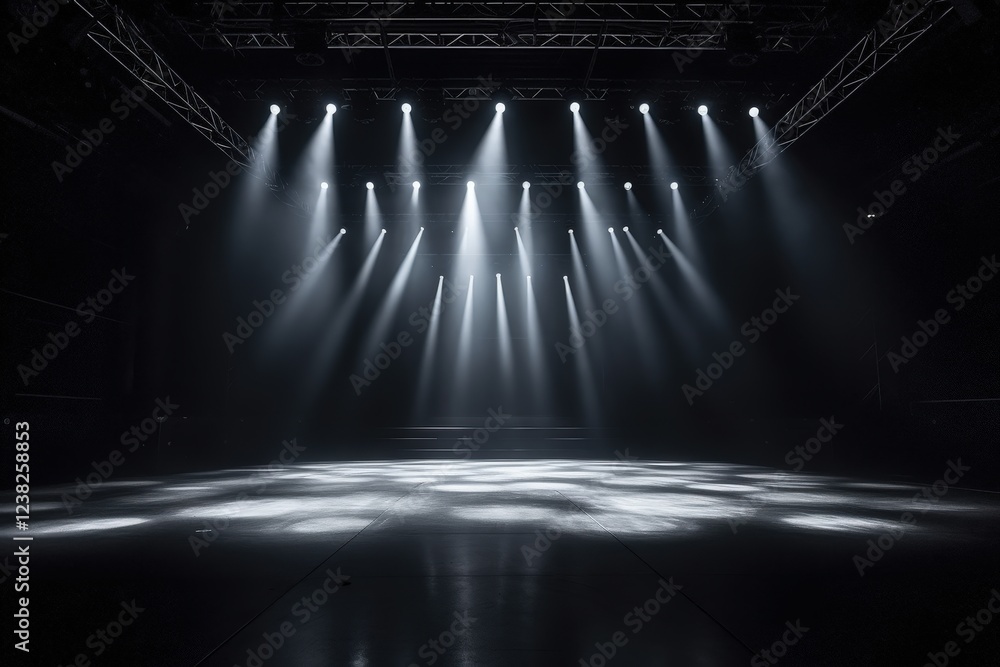 Poster dramatic stage lighting over empty performance space with soft glows and shadows for artistic presen