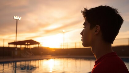 Fototapeta premium Sunset reflections young man gazes at dusk by the poolside outdoor serenity inspirational mood