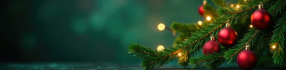 Decorated evergreen branch with ornaments and lights on a Christmas background, xmas, christmas decorations, mistletoe