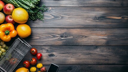Rustic wooden table with fresh fruits and greenery