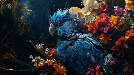 Obraz premium Vibrant parrot surrounded by exotic flowers in moody lighting