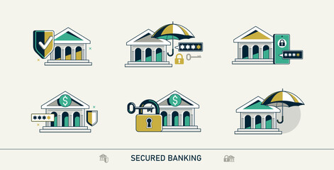 Secured banking vector detailed icons set, deposit money savings protection, financial risk and safety, account protect.