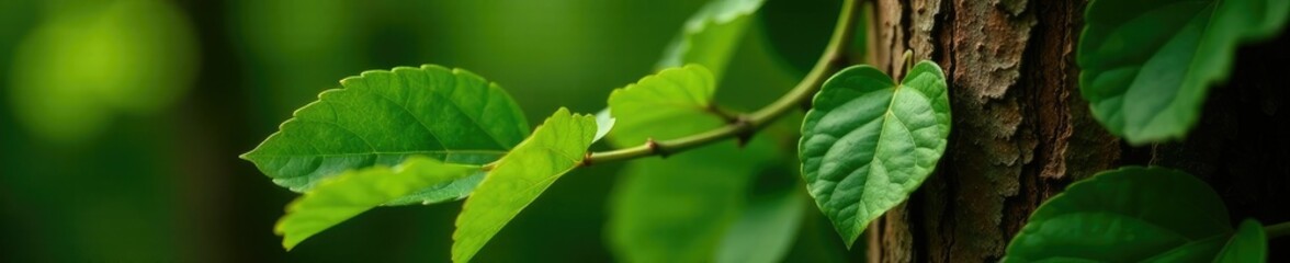 Delicate green leaves with coppery tint on tree trunk, leaf, flamengueira