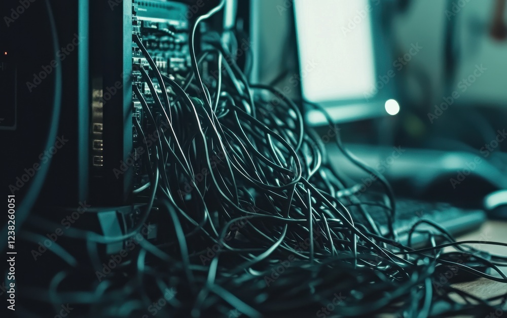 Aufkleber a chaotic scene of tangled cables and wires near a computer, showcasing the complexity of modern tec