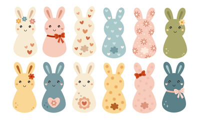 Retro Groovy Easter bunnies clipart. Happy Easter day. Cute bunny in cartoon flat style. Hand draw vector illustration
