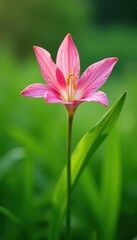 Fototapeta premium Delicate pink amarcrinum flower in a green meadow, pink amarcrinum flowers, nature, garden