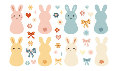 Retro Groovy Easter bunny clipart. Happy Easter day. Cute bunnies and flowers in cartoon flat style. Hand draw vector illustration