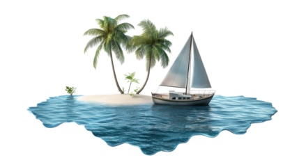 Sailboat moored near tropical island with palm trees on transparent background