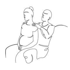 One continuous single drawing line art flat doodle husband, relaxation, togetherness, happiness, woman, pregnancy, massage. Isolated image hand draw contour on a white background, hand drawn, not AI