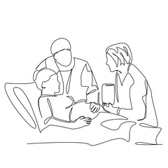 One continuous single drawing line art flat doodle pregnant woman, husband, doctor, examination, doctor's appointment. Isolated image hand draw contour on a white background, hand drawn, not AI