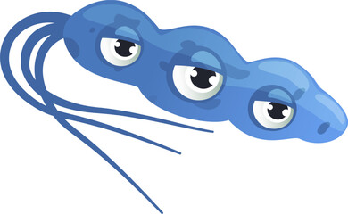 Cartoon illustration of a blue microbe with three eyes, flagella and a sad expression, possibly representing a bacterium, virus, or other microorganism