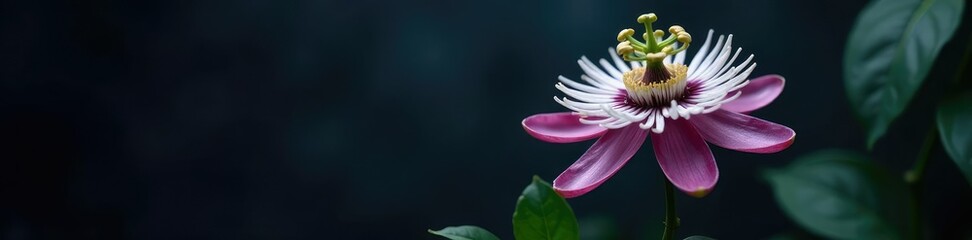 Fototapeta premium delicate single passionflower blooms in front of dark mysterious background, bloom, dark