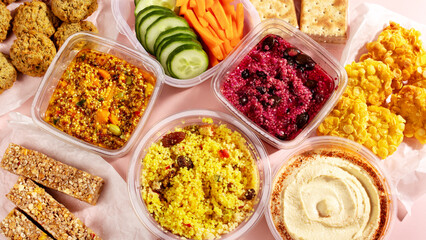 Premade salads, nuggets, falafel. Quick food to eat on the go or for lunch break, ready gluten free and vegan meals