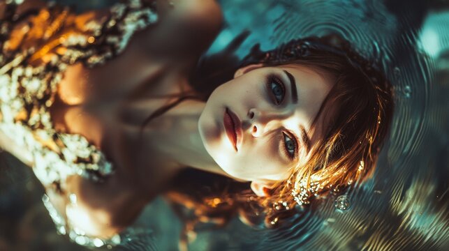 Dramatic portrait of a woman with golden light and dreamy expression