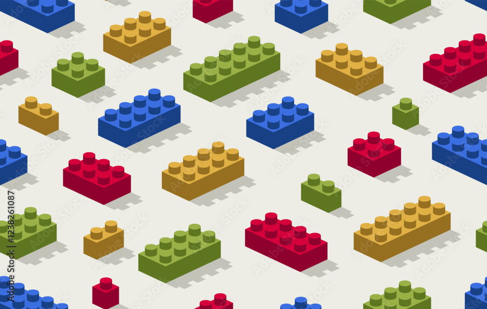 Poster toy constructor seamless pattern, isometric vector toy bricks tiling wallpaper, children game constr