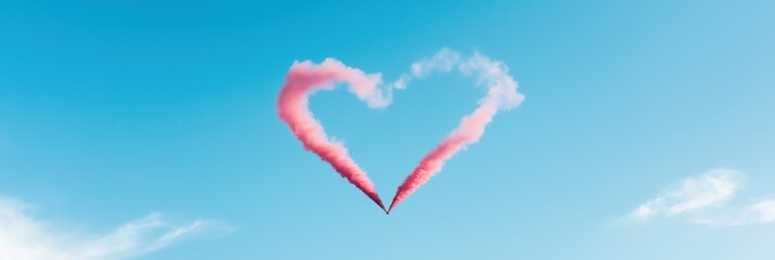 Naklejka premium A heart made of smoke is flying in the sky. The heart is pink and the sky is blue