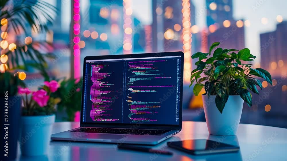 Poster a serene workspace features a laptop displaying colorful code under the glow of city lights. surroun