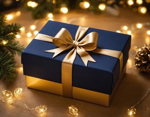 Elegant navy gift box with a golden ribbon, surrounded by warm festive lights and pine branches.