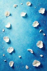 Delicate white rose petals scattered on a vast blue canvas, art, peaceful, watercolor