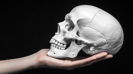 A human skull held in a hand against a dark background, symbolizing life and mortality.