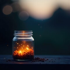Fireflies lighting up a small glass jar at dusk, fireflies, evening