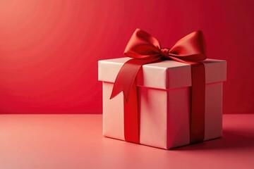 Obraz premium Gift box with a red ribbon tied in a bow on the side, ribbon, gift wrap, red