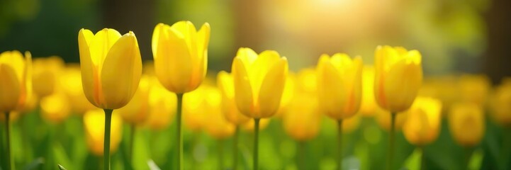 Obraz premium Delicate yellow tulips swaying gently in the sunlight, sunny green garden, delicate, fresh