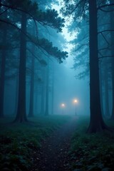 Naklejka premium Dense foggy forest with misty trees and twinkling lights, landscape, fog, peaceful