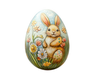 cute bunny themed Easter egg design featuring cheerful rabbit surrounded by colorful flowers. This festive illustration captures joy of spring celebrations