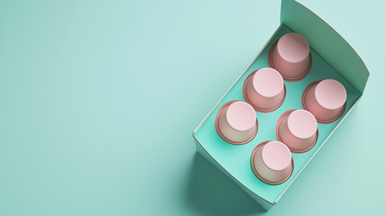 A box of pink cups with a green background