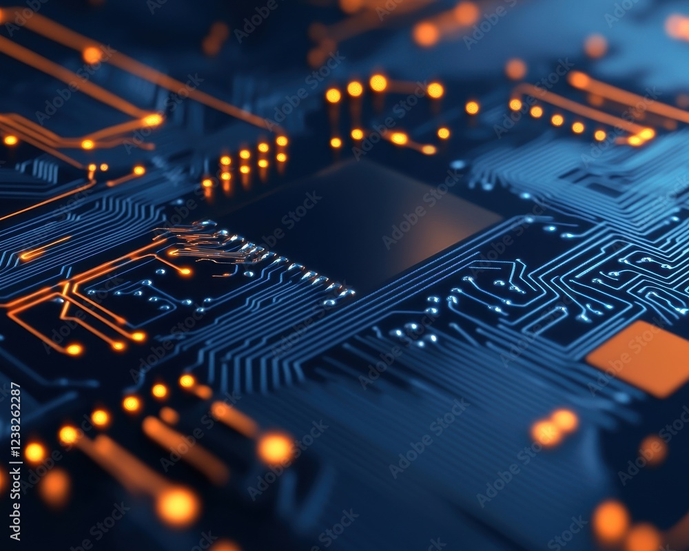 Poster a close-up view of a circuit board highlighting intricate connections and glowing components, symbol