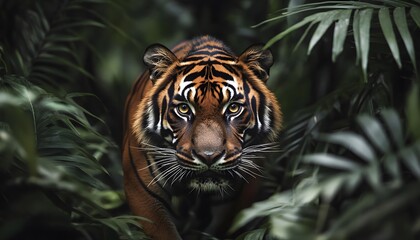 Fototapeta premium Majestic Tiger Stalking Through Lush Green Jungle Foliage