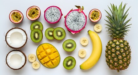 Tropical Fruit Flatlay Photography Mango, Pineapple, Kiwi, and More
