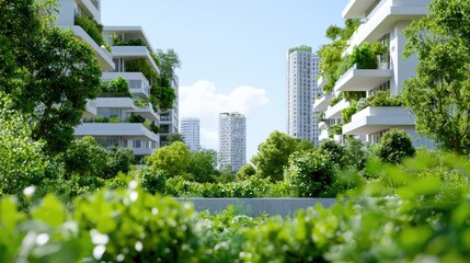 Green Cityscape Eco-friendly apartments, lush gardens, modern buildings