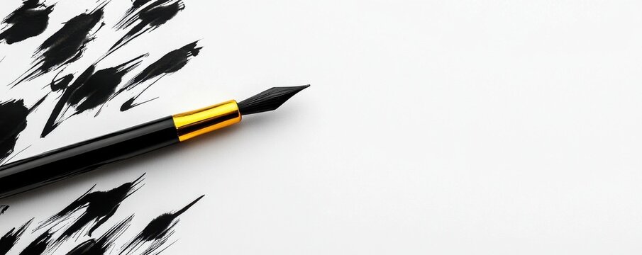 A close-up view of a fountain pen with ink splashes on a blank sheet, ideal for artistic or writing themes.