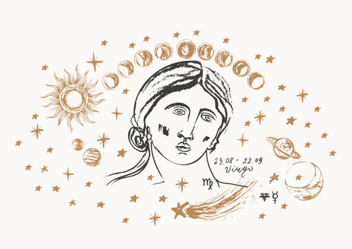 Hand drawn virgo zodiac sign illustration, horoscope background